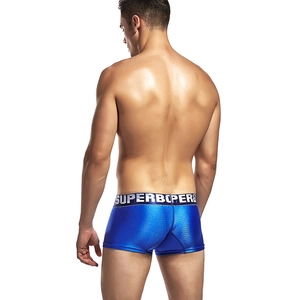 Rear view of sleek electric blue metallic boxer briefs with branded elastic waistband