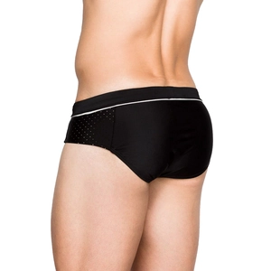 Men's black swim briefs with mesh stitching and white striped waistband for sports