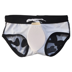 Detail of men's camouflage swim briefs featuring removable front cup padding and drawstring