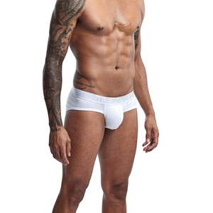 Close-up of men's white cotton brief waistband with elastic logo design and u-convex fit