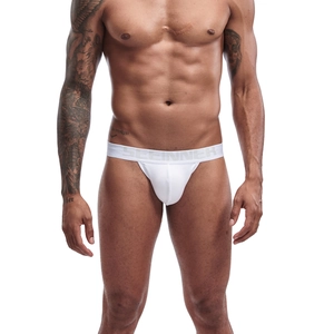 Vue détaillée du jockstrap blanc pour hommes avec large ceinture élastique de marque