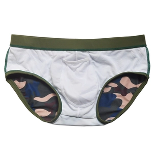 Detail of men's briefs with olive green waistband and colorful camouflage print panels