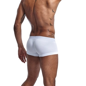 Rear view of white premium cotton boxer briefs showing a full-coverage fit and elastic waistband