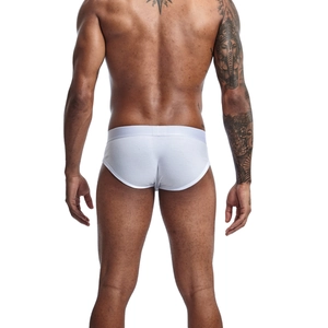 Rear view of white men's cotton briefs showing high-quality elastic waistband and fit