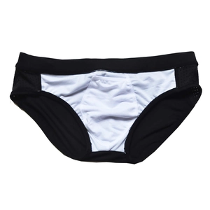 Detail of men's black mesh swim briefs with U-convex pouch and white contrast panel