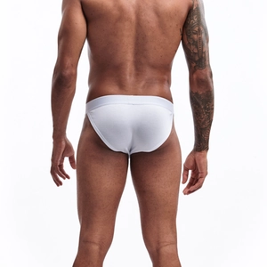 Back view of men's white high-cut cotton briefs with wide waistband and body-fit design