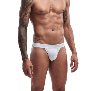 Vue détaillée du jockstrap en coton blanc avec ceinture élastique large et logo SEEINNER
