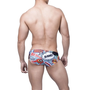 Rear view of men's swim briefs featuring comic book pop art prints on blue nylon fabric