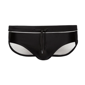 Men's sexy black low-rise mesh swim briefs with white stripe and adjustable drawstring