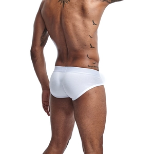 Rear view of white cotton men's briefs featuring wide elastic waistband and ergonomic fit