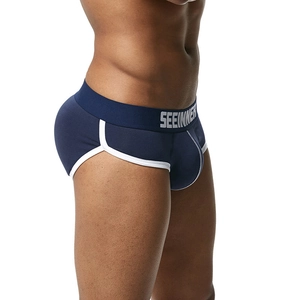 Side view of men's briefs featuring padded butt lift design and elastic waistband