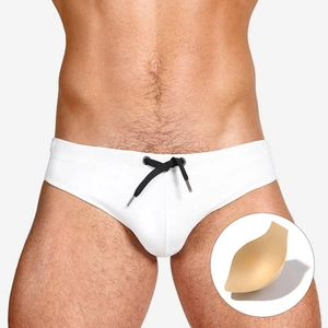 Men's white low-rise swim briefs with black drawstring and removable shaping cup pad