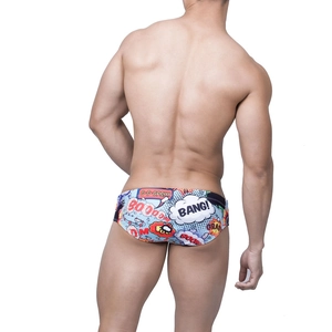 Men's low-waist swim briefs with light blue pop art comic print and graffiti patterns