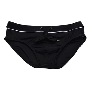 Detail of men's black swim briefs featuring breathable mesh panels and a white stripe waist