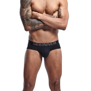 Men's sexy black cotton briefs with U-convex pouch and elastic logo waistband