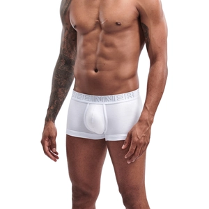 Men's white cotton boxer briefs with U-convex pouch and wide logo elastic waistband