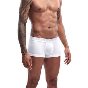 Detail of men's white cotton boxer briefs with a wide elastic branded waistband