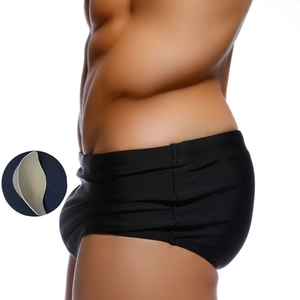 Men's black swim trunks with removable sponge cup padding and comfortable stretch fit