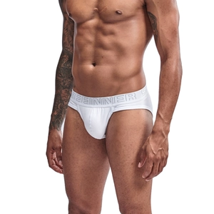 Detailed close-up of men's white cotton low-rise briefs with branded jacquard waistband