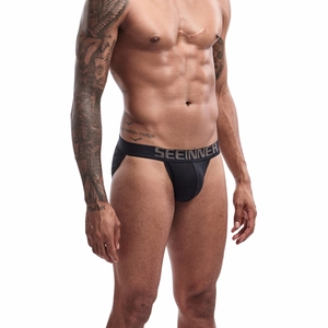 Close-up of black cotton jockstrap with elastic waistband and ergonomic U-pouch