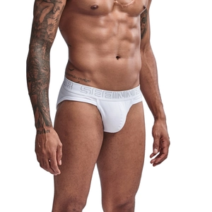 Close-up of white men's ribbed cotton briefs with a wide elastic branded waistband