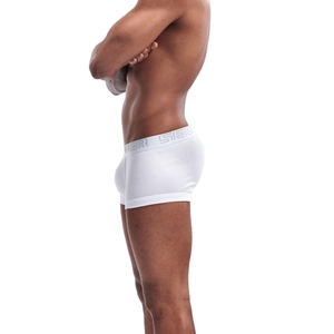 Close-up of white cotton boxer briefs for men with wide elastic branded waistband