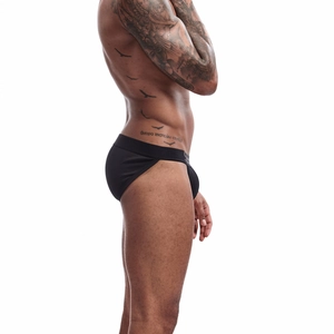 Close-up side view of men's black high-cut cotton briefs with U-convex pouch and logo waistband