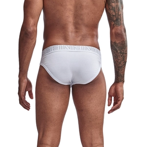 Rear view of white cotton ribbed low-rise briefs for men with elastic logo waistband