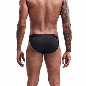 Detailed back view of men's black high-cut cotton briefs with wide elastic waistband