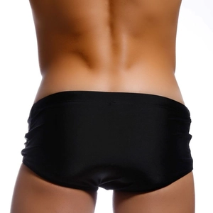 Classic black men's tight swimming trunks in high-elastic quick-dry fabric, back view