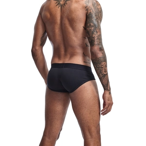 Rear view of black cotton briefs for men featuring ergonomic fit and elastic waistband