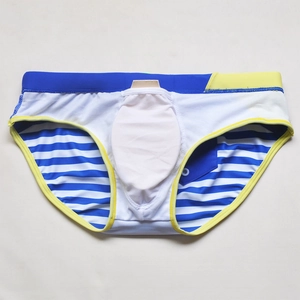 Detail of men's nautical striped swim briefs featuring quick-dry fabric and soft white lining