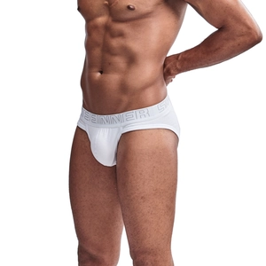 Detail of men's white cotton briefs with a wide elastic waistband and lettered branding