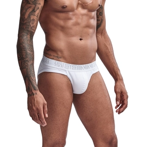 Detailed close-up of ribbed cotton texture and waistband logo on white men's briefs