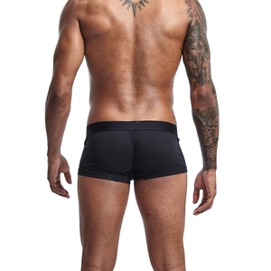 Rear view of men's premium black cotton boxer briefs with a wide elastic waistband