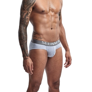 Detail of grey cotton men's briefs featuring a wide elastic waistband with white branding