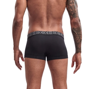 Rear view of black cotton boxer briefs for men with wide elastic logo waistband