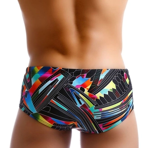Men's swim trunks with colorful geometric abstract prints and drawstring design
