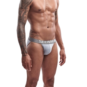 Detail view of men's grey cotton jockstrap with wide branded elastic waistband