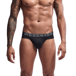 Men's minimalist black cotton briefs with wide elastic logo waistband and high cut fit