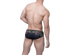 Maillot de bain homme noir taille basse avec imprimé floral vintage doré, vue de dos