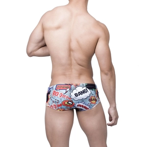 Men's swim trunks with vibrant Pop Art comic print and comfortable square leg cut