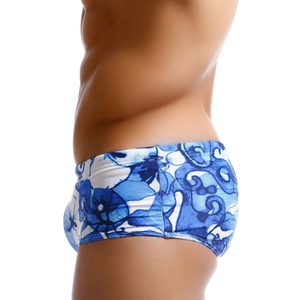 Maillot de bain boxer pour homme avec imprimé floral bleu et blanc et coupe ajustée