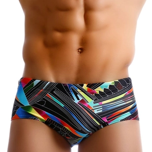 Men's low-rise swim trunks with vibrant geometric colorful stripes and elastic quick-dry fit