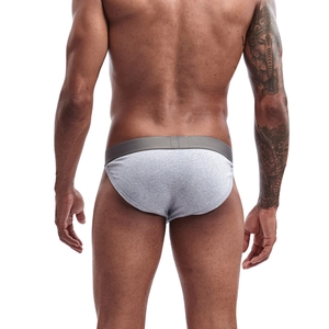 Rear view of men's high-cut cotton briefs in light grey with dark grey elastic waistband