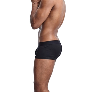 Side view of men's premium black cotton boxer briefs with elastic waistband and soft texture
