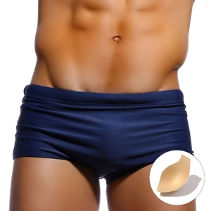 Men's loose fit navy blue swimming trunks with comfortable removable sponge cup pad