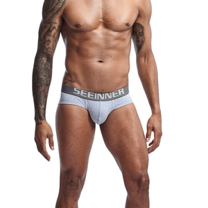 Men's low-waisted briefs in light grey stretch cotton with a wide branded waistband