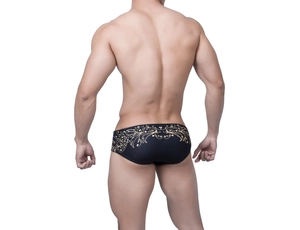 Vue arrière du slip de bain noir pour hommes avec imprimé feuille d'or de luxe au dos