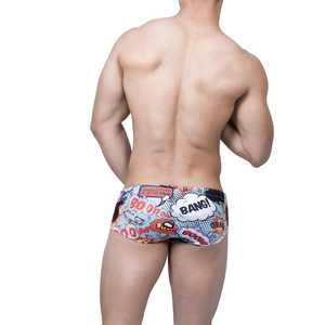 Rear view of men's square-cut swim trunks featuring colorful pop art comic book prints